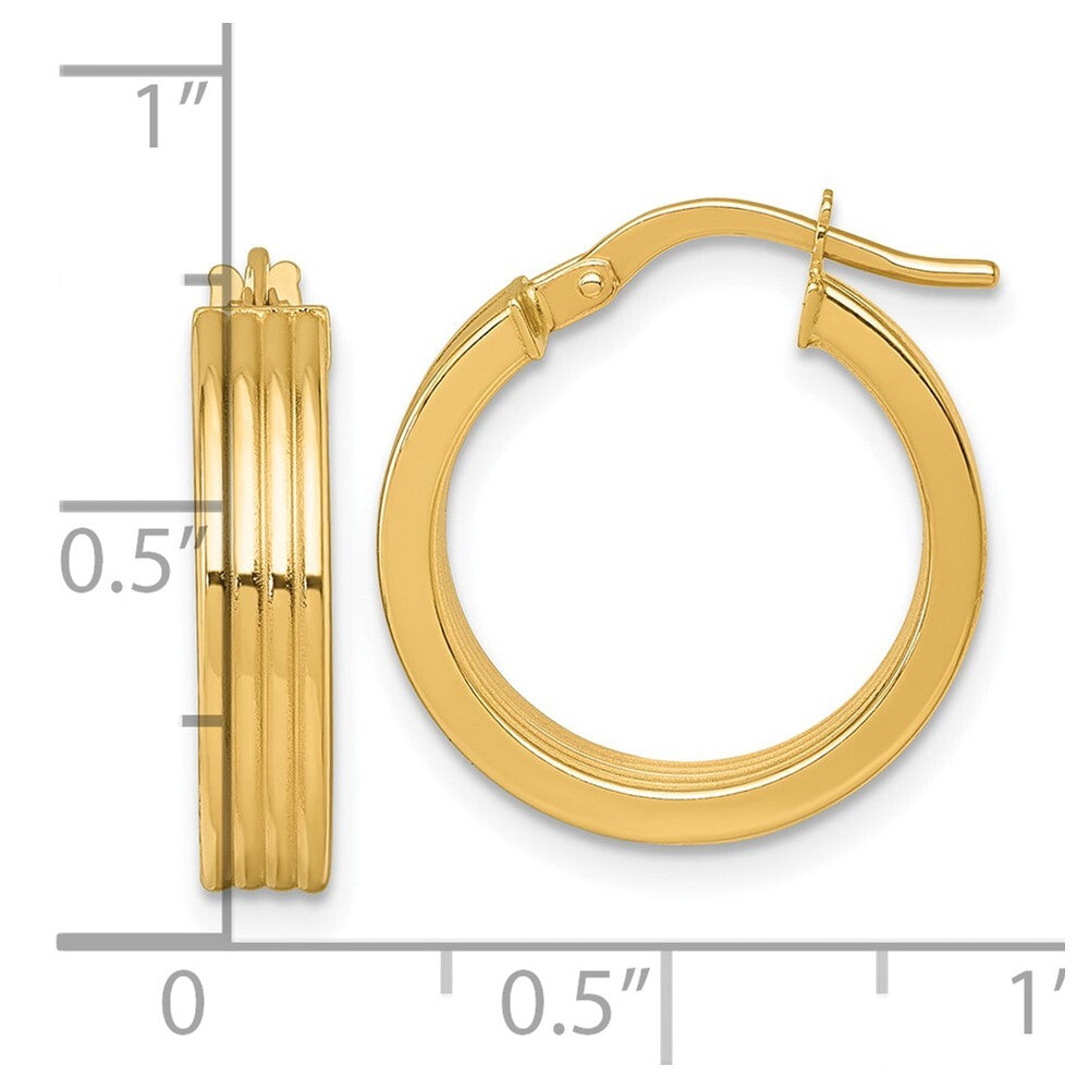 14k Yellow Gold Polished Grooved Hoop Earrings Gift for Women