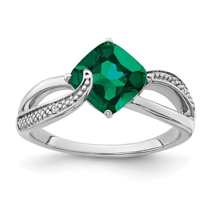 Sterling Silver Rhodium-plated Created Emerald and Diamond Ring Size 7