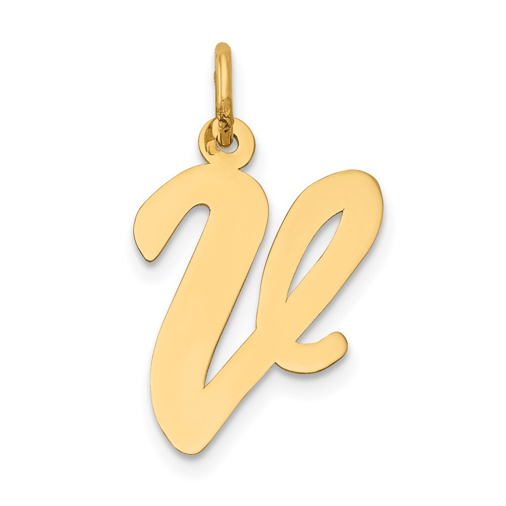 14k Yellow Gold Large Script Letter V Initial Charm Pendant for Women