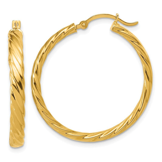 14k Yellow Gold Large 3mm Patterned Hoop Earrings