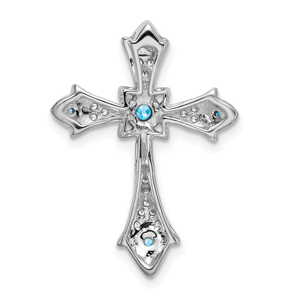 14k White Gold Blue Topaz and Diamond Fleur de Lis Cross Chain Slide Pendant