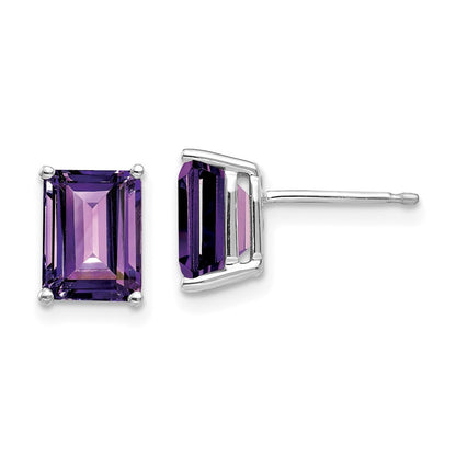 14k White Gold 8x6mm Emerald Cut Amethyst Stud Earrings Gift for Women