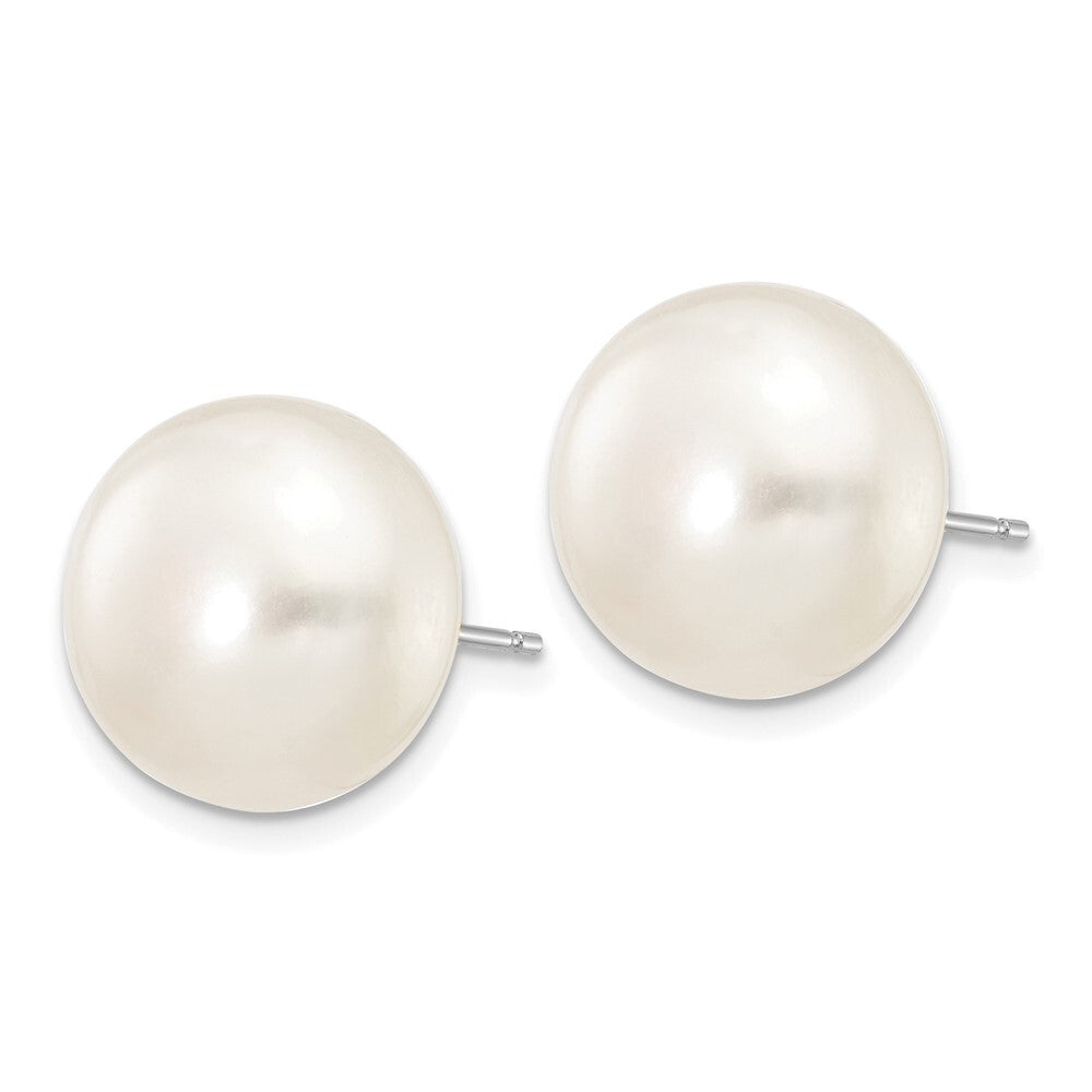 14k White Gold 12-13mm White Button Freshwater Cultured Pearl Stud Earrings