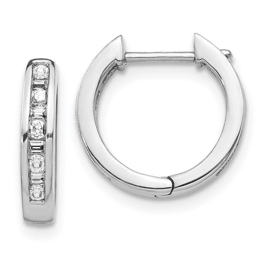 14k White Gold Round & Baguette Diamond Hinged Hoop Earrings