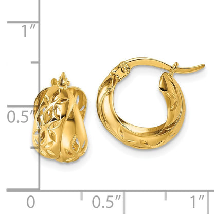 14k Yellow Gold Polished Diamond-Cut Out Floral Design Double Hoop Earrings