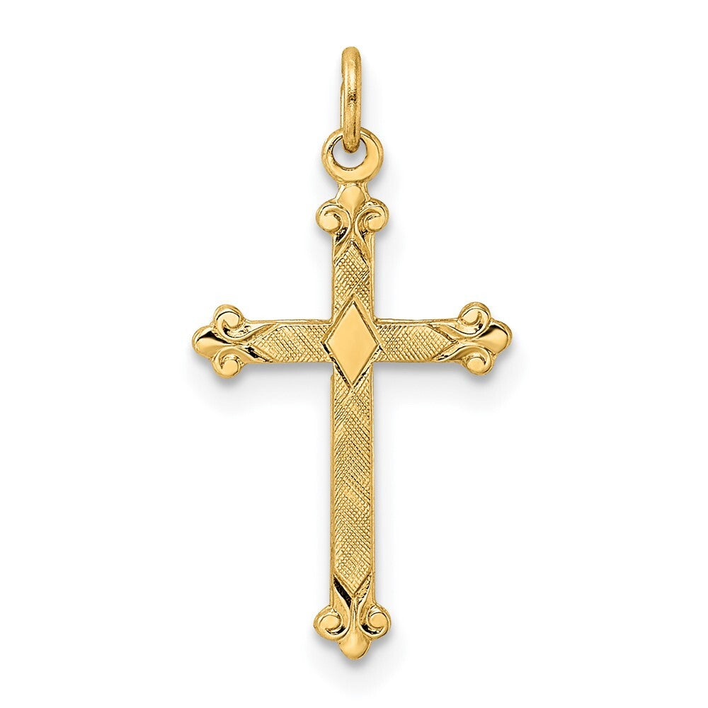 14k Yellow Gold Polished and Textured Solid Diamond Shape Cross Pendant