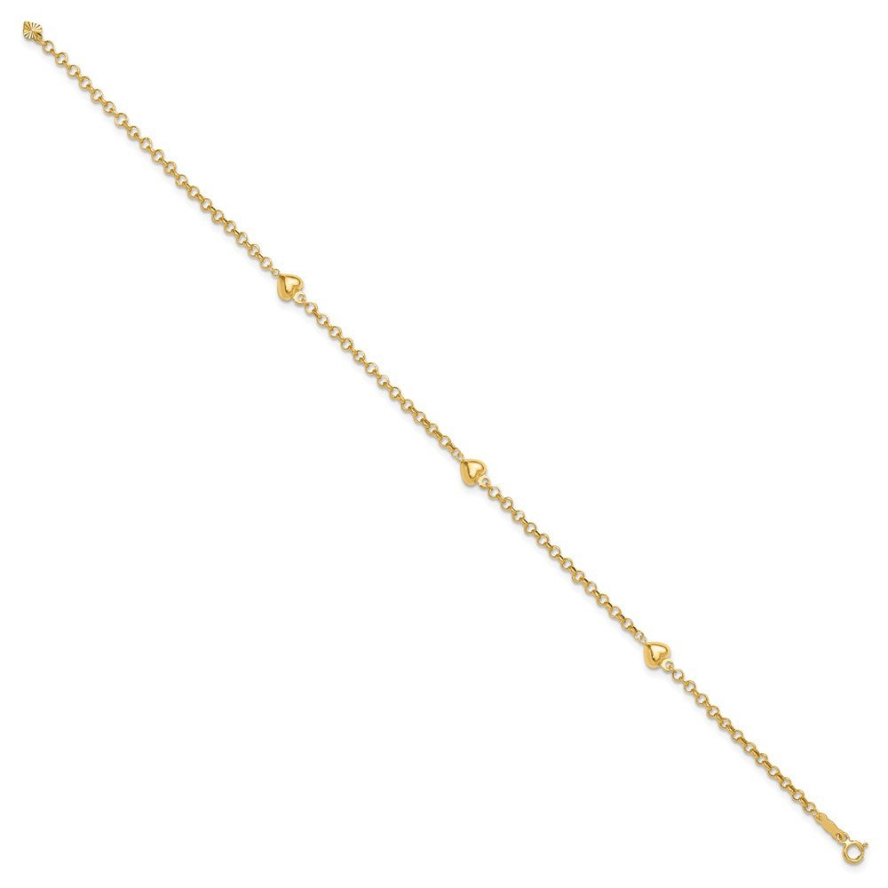 14k Yellow Gold Polished Puffed Heart 3-Station 10 inch Anklet