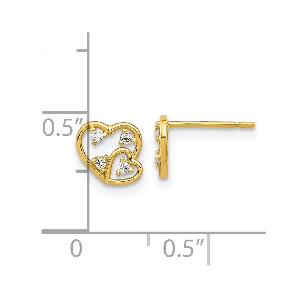 14k Yellow Gold Polished Cubic Zirconia Hearts Stud Earrings Gift for Women