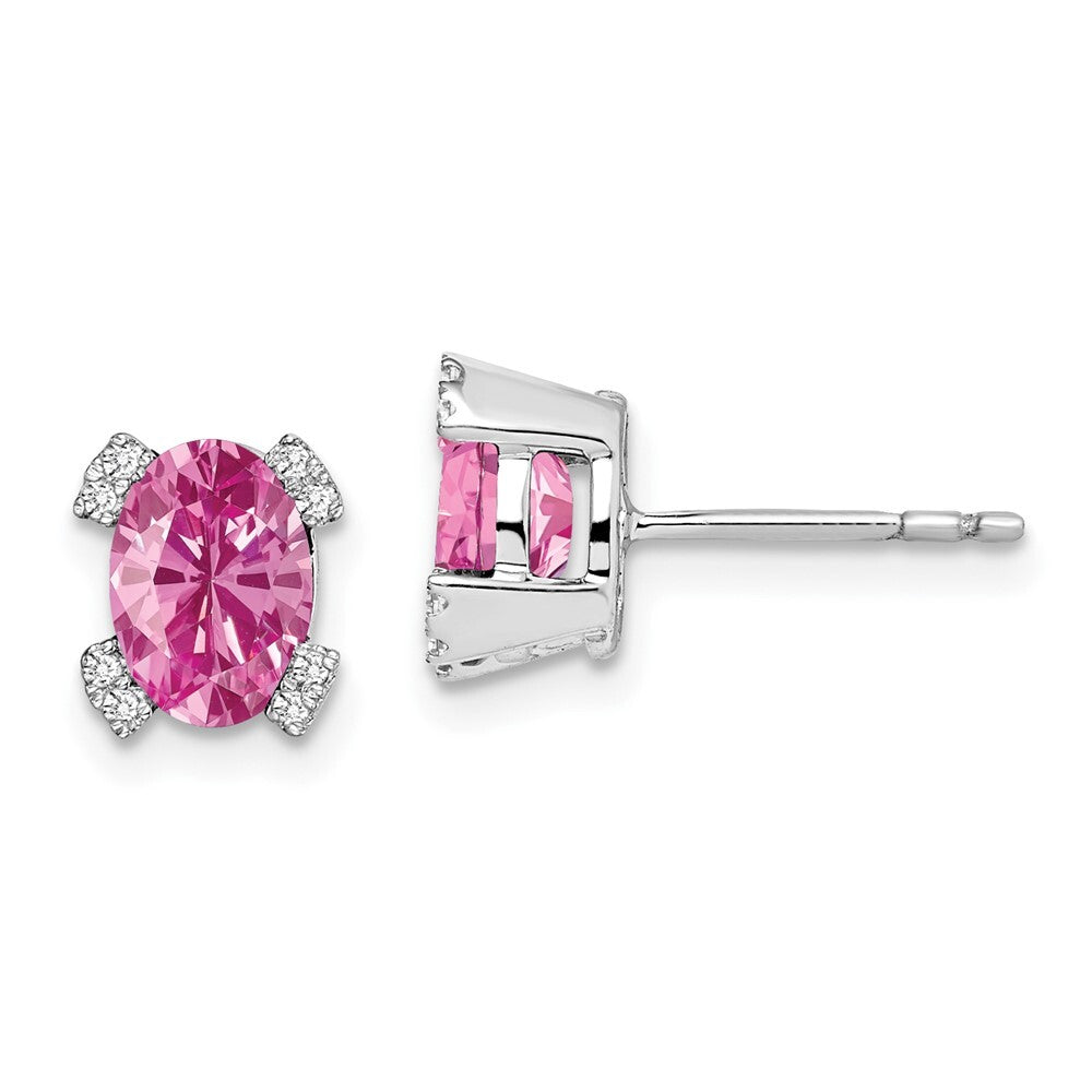 14k White Gold Oval Created Pink Sapphire and Diamond Stud Earrings