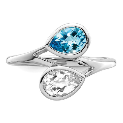 Sterling Silver Rhodium-plated Polished Blue & White Topaz ByPass Ring Size 7