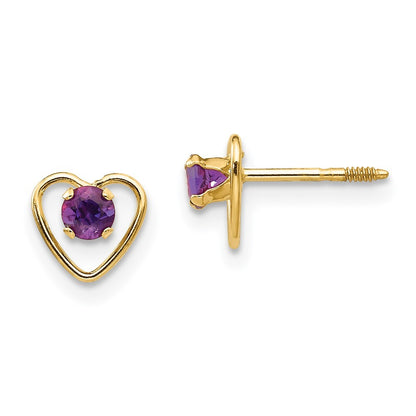 14k Yellow Gold 3mm Genuine Amethyst Birthstone Heart Stud Earrings