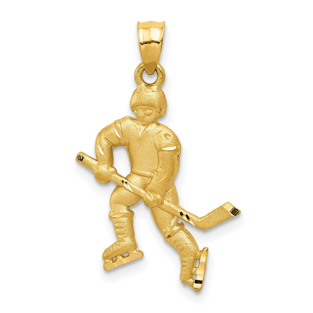 14k Yellow Gold Satin Diamond-Cut Hockey Player Pendant for Women