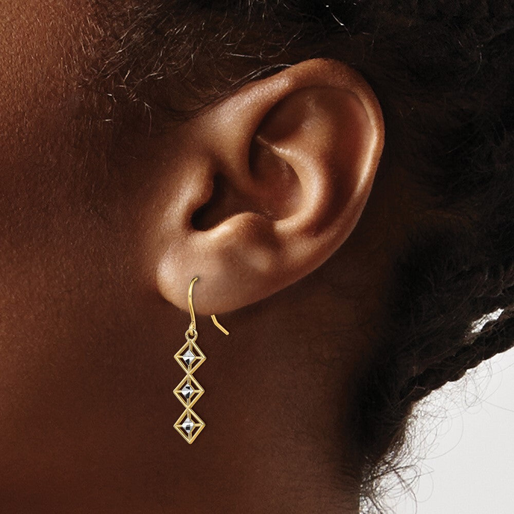 14k Yellow Gold Rhodium Fancy Diamond-cut Dangle Wire Earrings