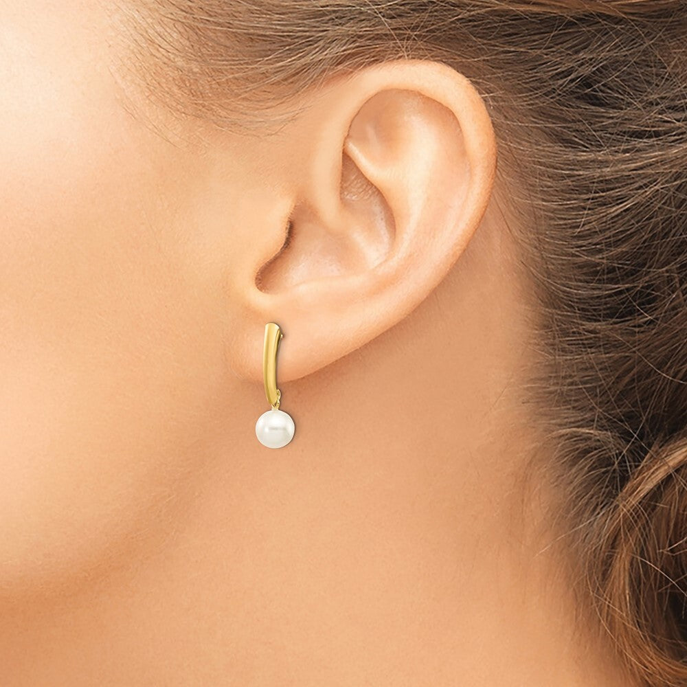 14k Yellow Gold 6-7mm White Round Freshwater Cultured Pearl Dangle Earrings