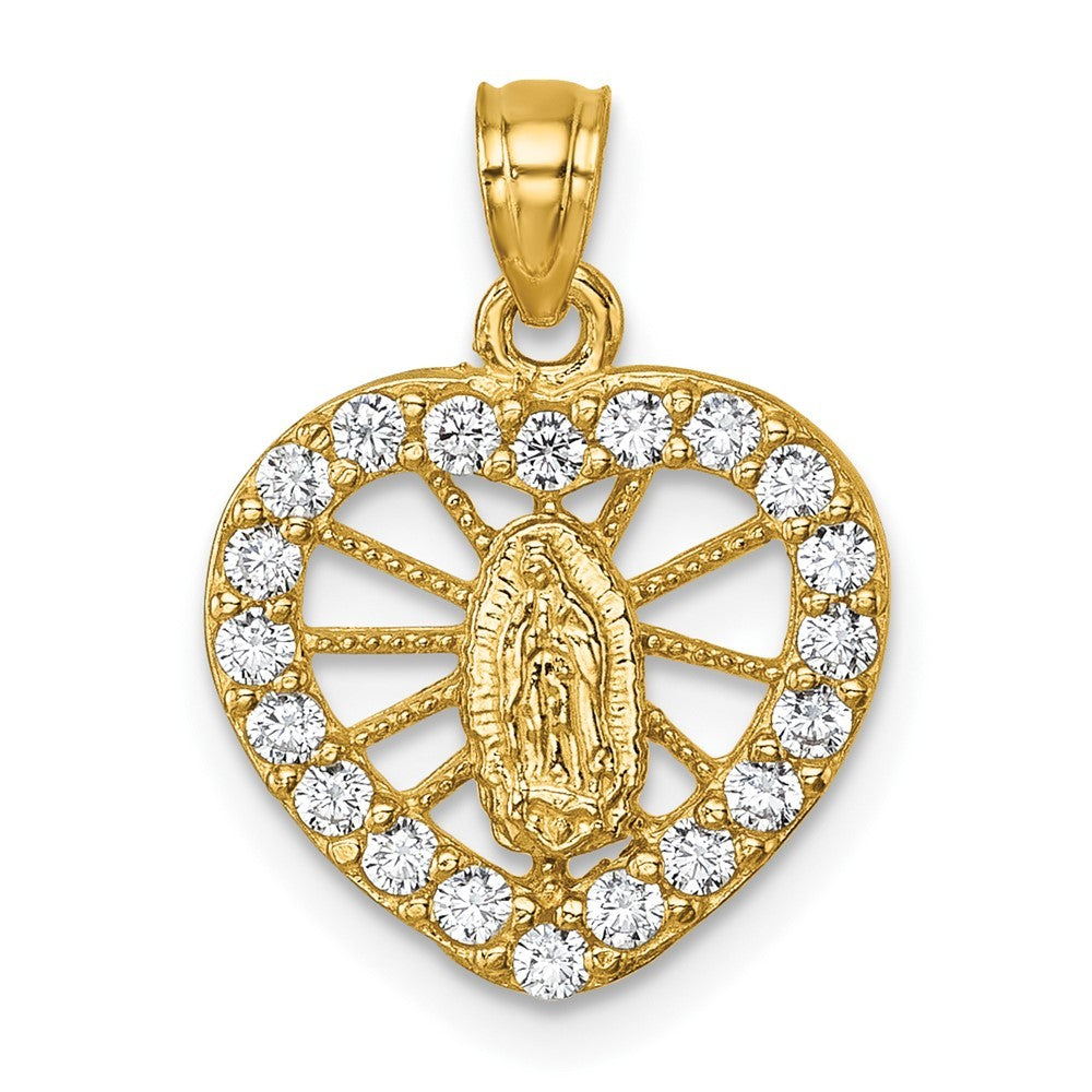14k Yellow Gold Polished CZ Heart Pierced Design Our Lady of Guadalupe Pendant