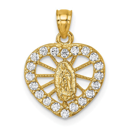 14k Yellow Gold Polished CZ Heart Pierced Design Our Lady of Guadalupe Pendant