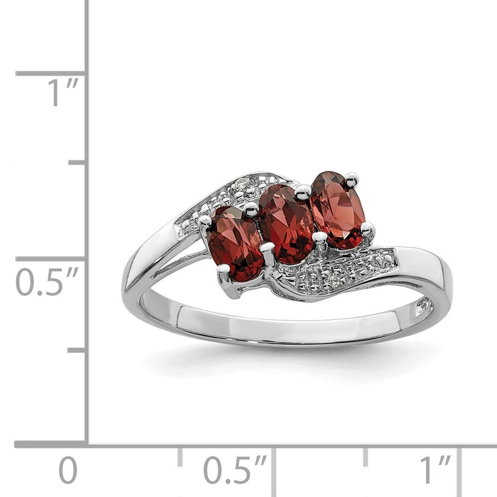 Sterling Silver Rhodium-plated 3 Stone Garnet & Diamond Ring Size 8