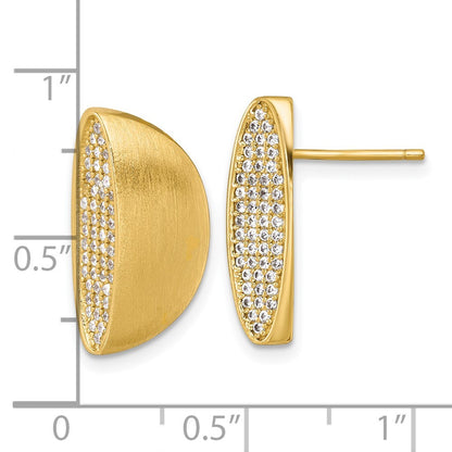 Sterling Silver Gold-tone Polished and Brushed Pave CZ Half Circle Earrings