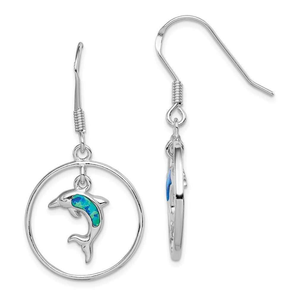 Sterling Silver Polished Created Blue Opal Dolphin Dangle Earrings