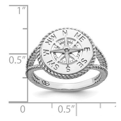 Sterling Silver Rhodium-Plated Polished Compass with Rope Trim Ring Size 8