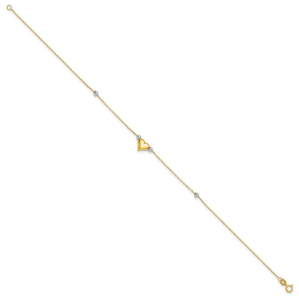 14k Two-tone Polished Puffed Heart with Beads 10 inch Anklet