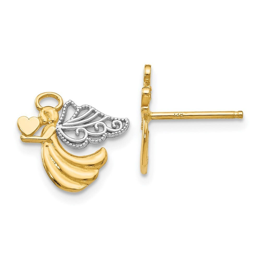14k Yellow Gold w/Rhodium Angel With Heart Stud Earrings