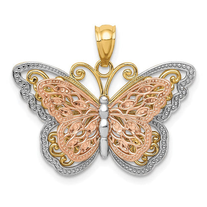 14k Two-tone Gold White Rhodium Cut-out 2-level Butterfly Pendant