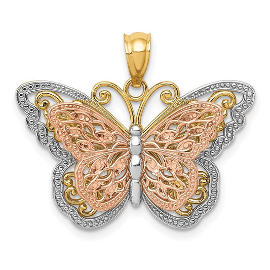 14k Two-tone Gold White Rhodium Cut-out 2-level Butterfly Pendant