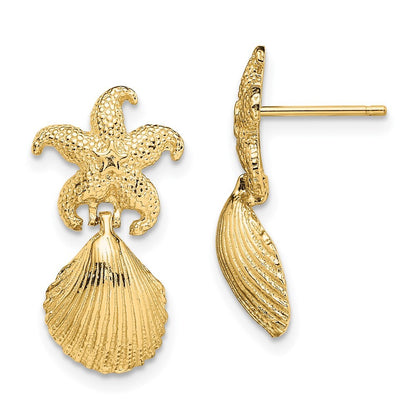 14k Yellow Gold Starfish /Scallop Shell Dangle Earrings