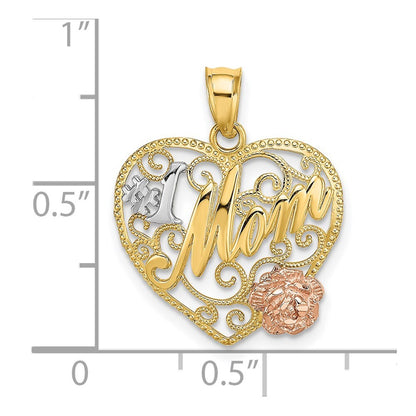 14k Two-tone Gold White Rhodium #1 MOM Heart Charm Pendant for Women