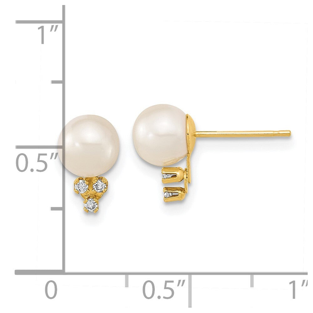 14k Yellow Gold 6-7mm Cultured Pearl & .06 Carat Diamond Stud Earrings for Women