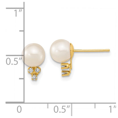 14k Yellow Gold 6-7mm Cultured Pearl & .06 Carat Diamond Stud Earrings for Women