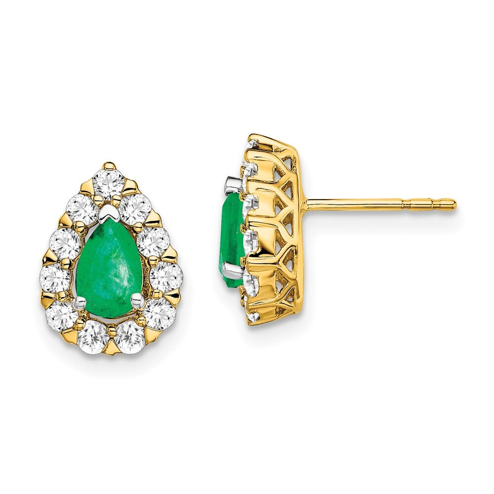 14k Yellow Gold Pear Emerald and Diamond Halo Stud Earrings