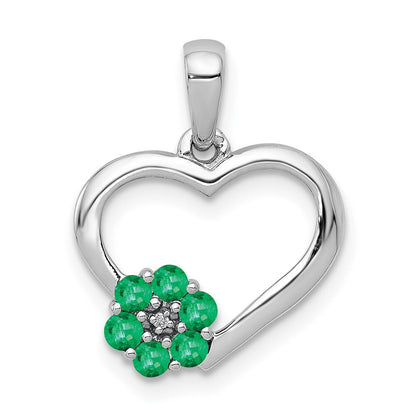 14k White Gold Diamond and Emerald Heart and Flower Pendant for Women