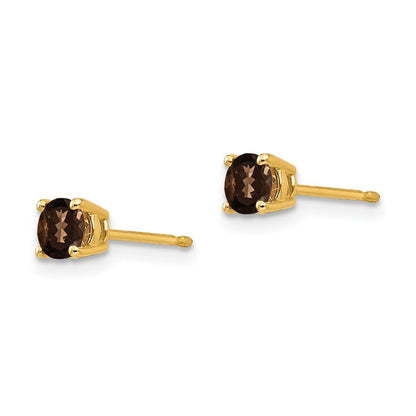 14k Yellow Gold 4mm Round Smoky Quartz Earrings