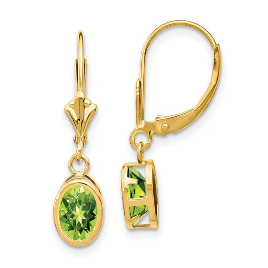 14k Yellow Gold 7x5mm Oval Peridot Drop Dangle Earrings