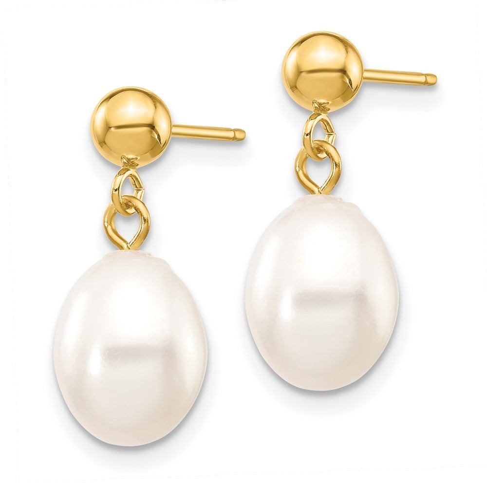 14k Yellow Gold 7-8mm White Rice Freshwater Cultured Pearl Post Dangle Earrings