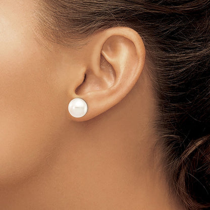 14k White Gold 11-12mm White Button Freshwater Cultured Pearl Stud Earrings