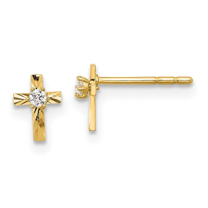 14k Yellow Gold Polished and D/C Cubic Zirconia Cross Stud Earrings