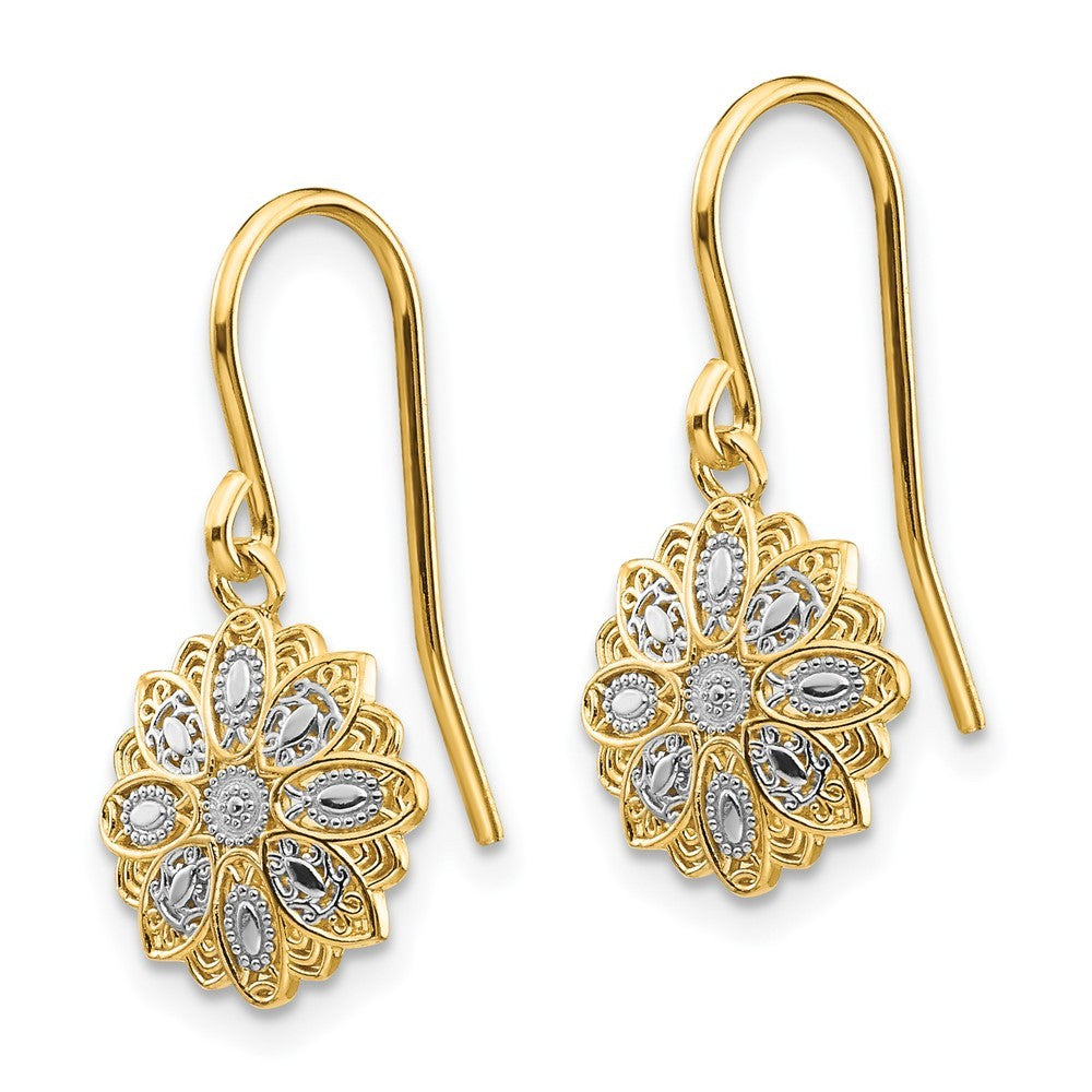 14k Yellow Gold & Rhodium Diamond-Cut Polished Fancy Dangle Earrings