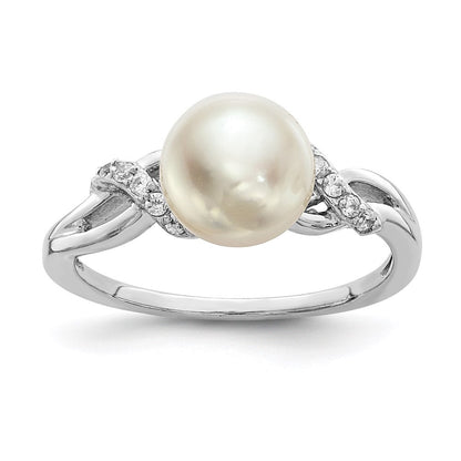 Sterling Silver 8-9mm White Button Freshwater Cultured Pearl and CZ Ring