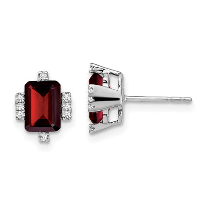 14k White Gold Emerald-shape Garnet and Diamond Stud Earrings