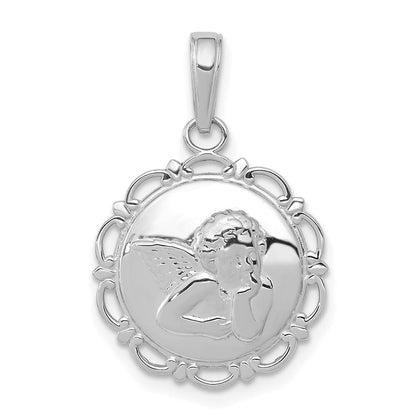 14k White Gold Polished Angel/Cherub on Round Scallop Frame Pendant for Women