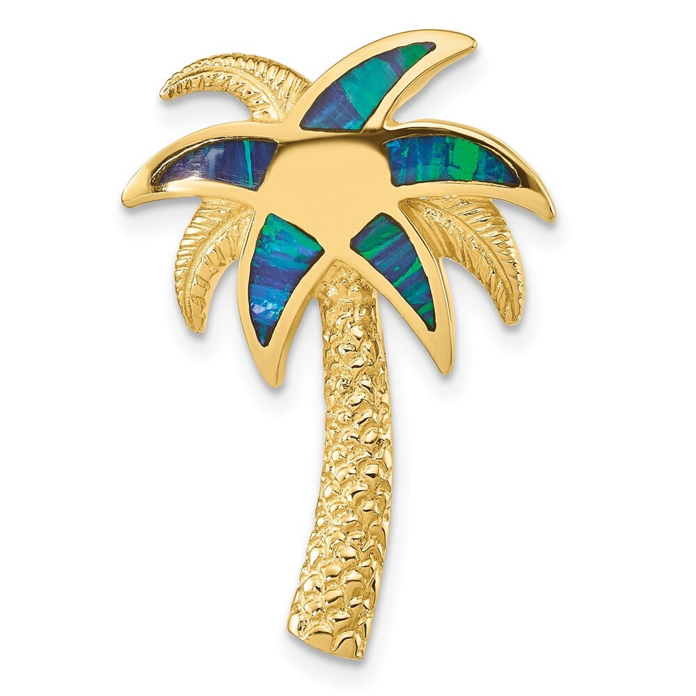 14k Yellow Gold Lab Created Opal Palm Tree Slide Pendant for Women