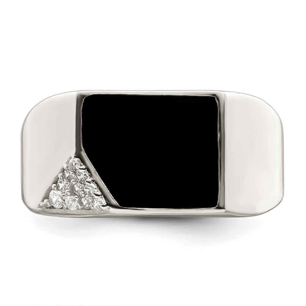 Sterling Silver Black Enameled and CZ Mens Ring Size 11