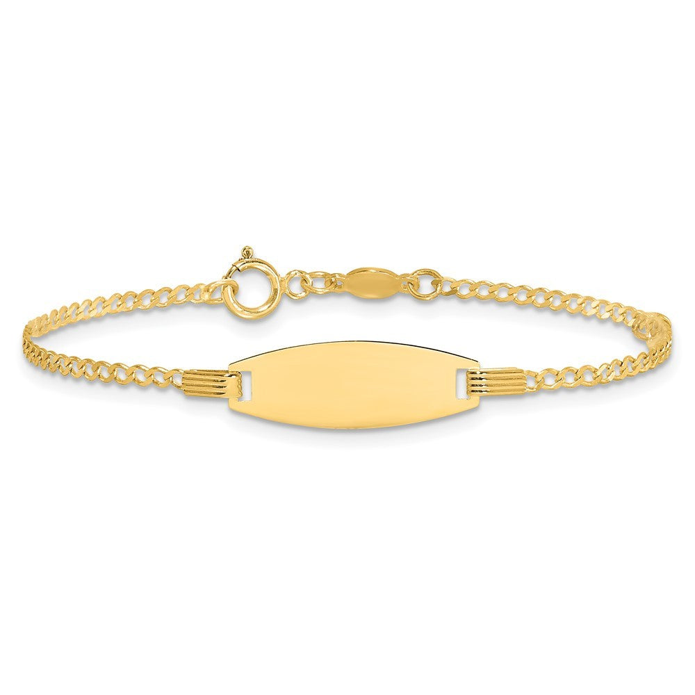 14k Yellow Gold  Pink Enameled Puffed Heart and 18x5mm Plate 5.5" ID Bracelet