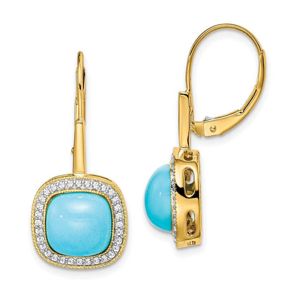 14k Yellow Gold Turquoise and Diamond Leverback Drop & Dangle Earrings