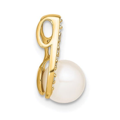14k Yellow Gold Rhodium 7-8mm Button Freshwater Cultured Pearl & Diamond Pendant