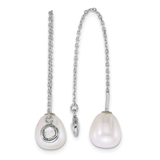 Sterling Silver 6-8mm White Teardrop Cultured Pearl & Glass Threader Earrings