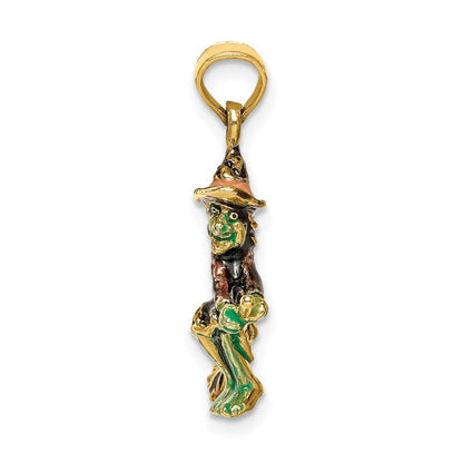 14k Yellow Gold 3-D Enameled Witch Flying on Broom Charm